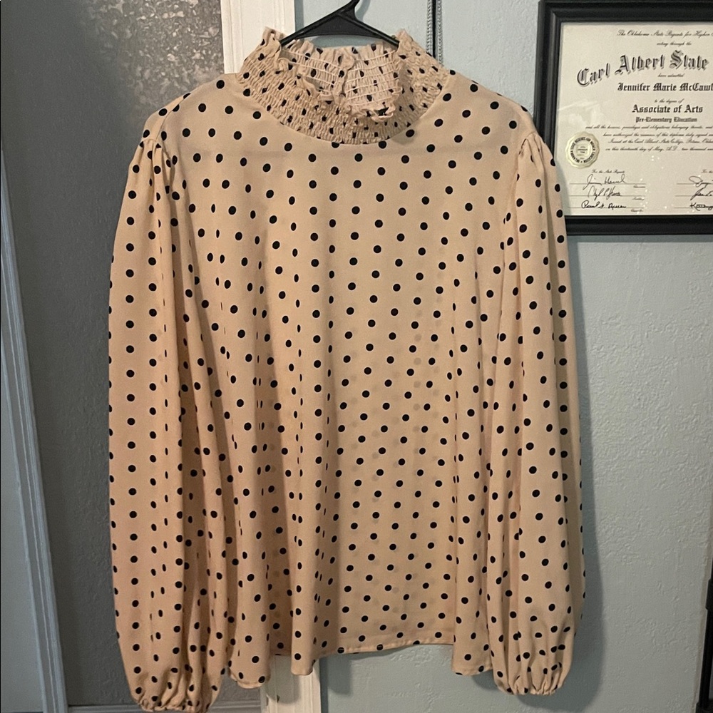 SHEIN Black Polka Dot Blouse with Smocked Neck